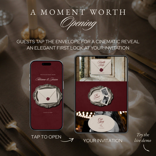 Guests tap the envelope for a cinematic reveal, shown on a phone and tablet