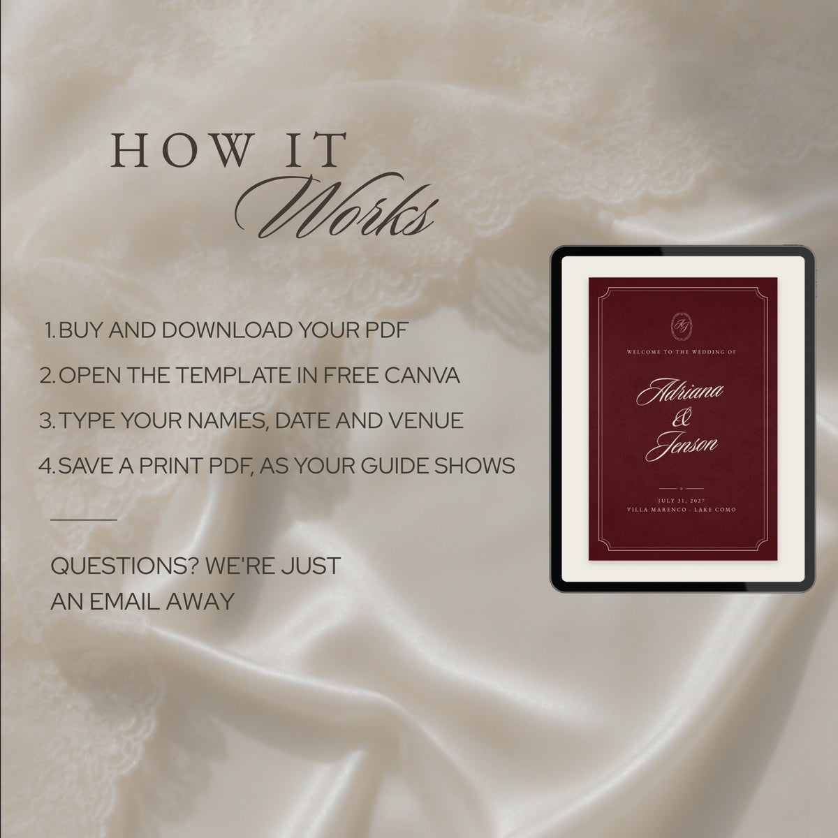 How it works: buy, open in free Canva, type your names, save a print PDF