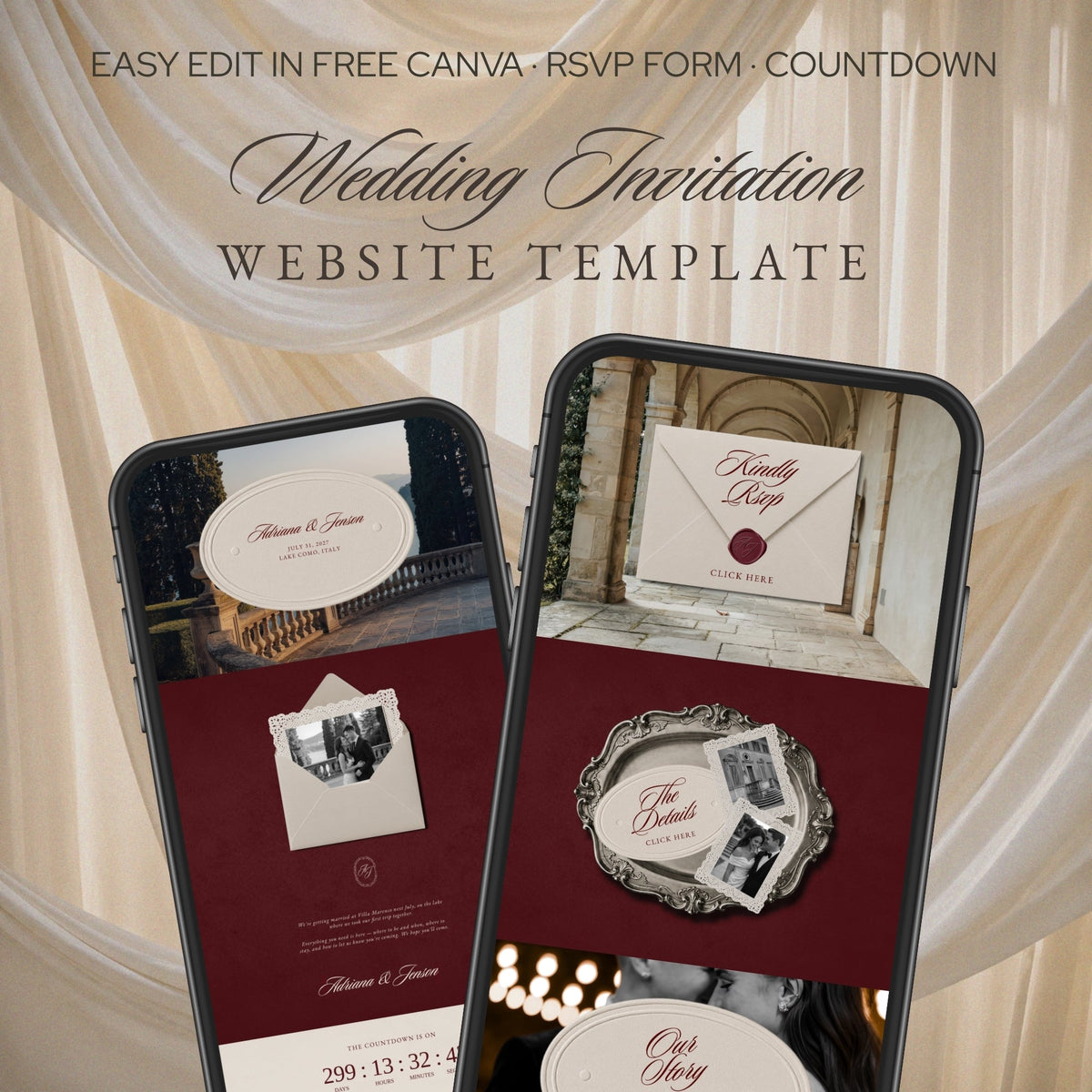 Old Money Classic wedding website template with RSVP shown on two phones