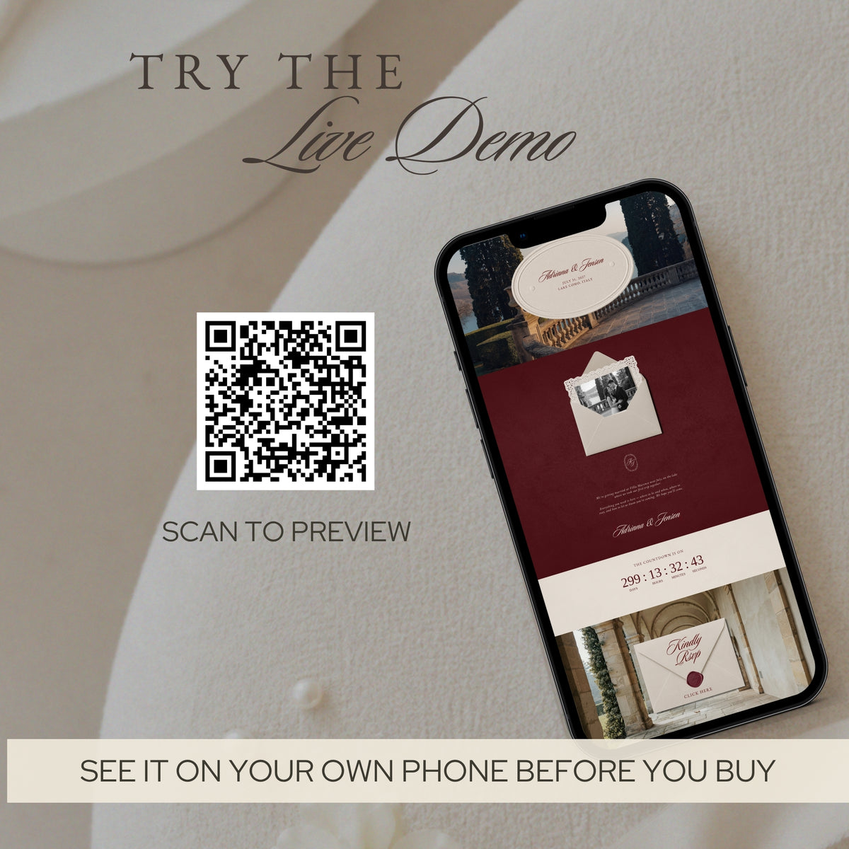 Live demo of the wedding website on a phone, with a QR code to preview it