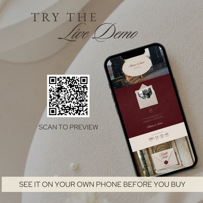 Live demo of the wedding website on a phone, with a QR code to preview it