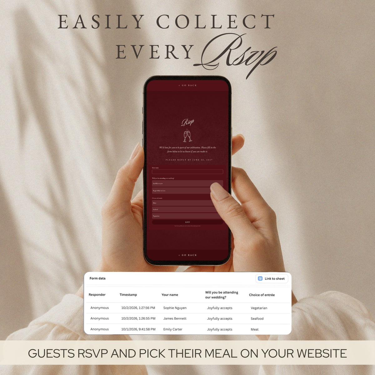 Phone showing the RSVP form with meal choice, with guest replies collected in a table