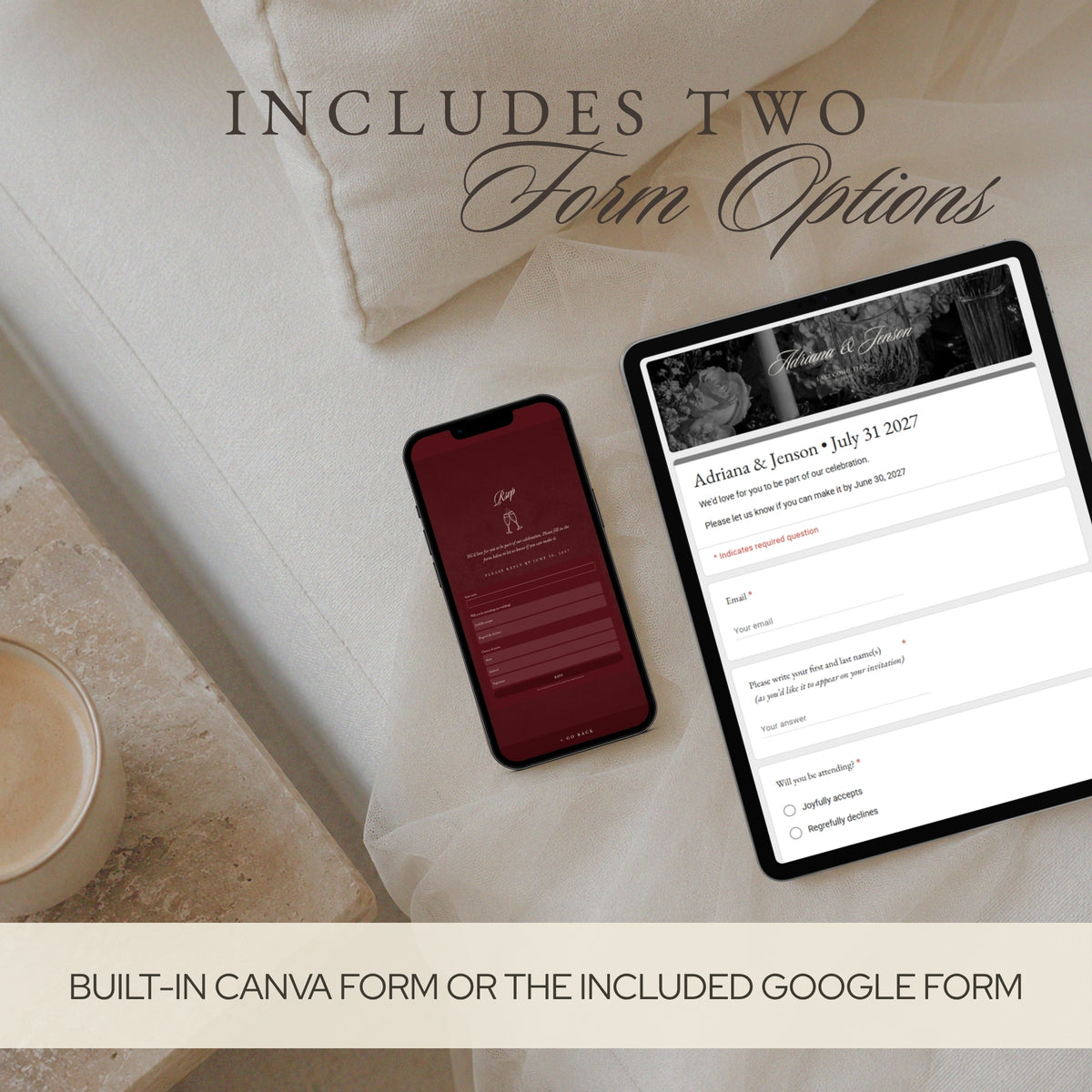 Built-in Canva RSVP form on a phone and the included Google RSVP Form on a tablet