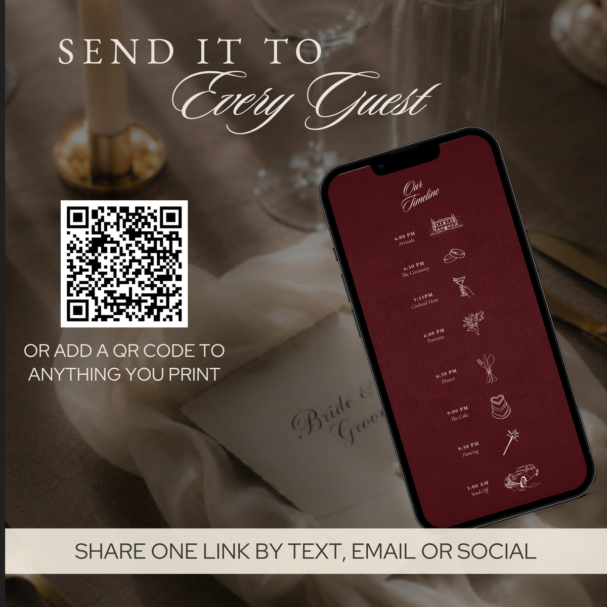 Wedding day timeline on a phone, with a QR code to share the website with guests