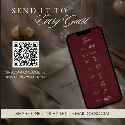 Wedding day timeline on a phone, with a QR code to share the website with guests