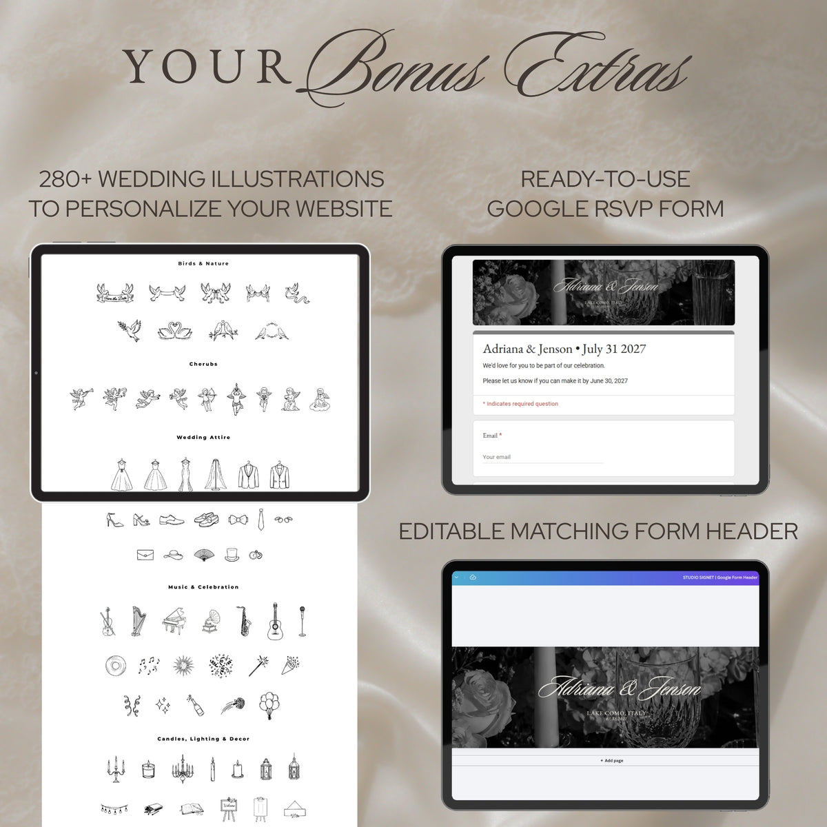 Bonus 280+ wedding illustrations, a ready-to-use Google RSVP Form and a matching form header