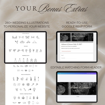 Bonus 280+ wedding illustrations, a ready-to-use Google RSVP Form and a matching form header