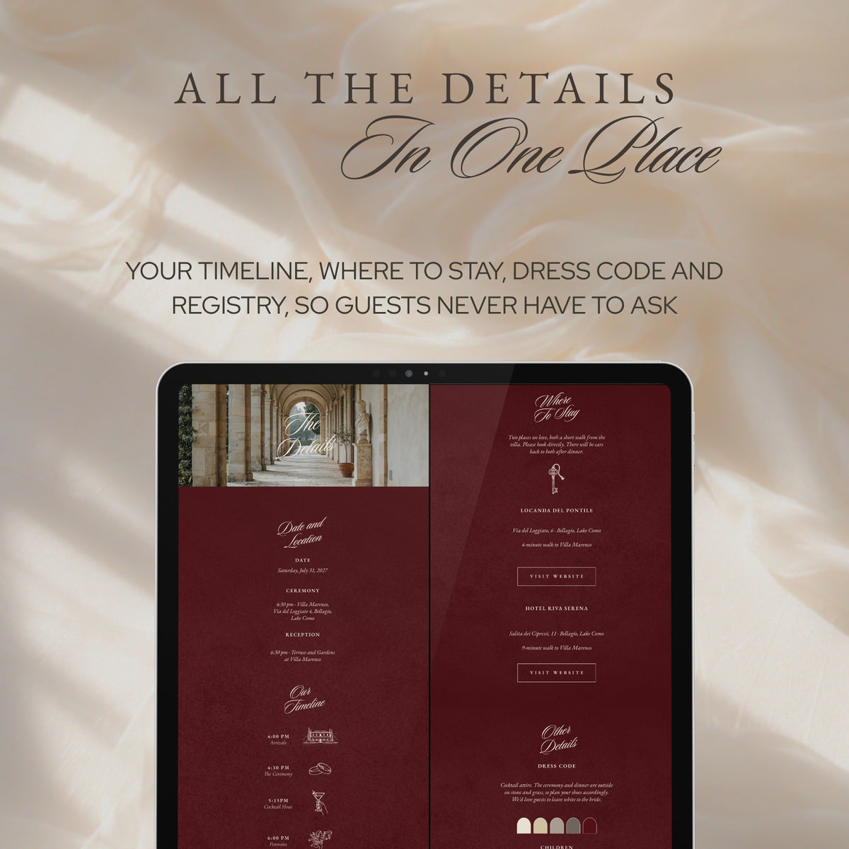 Details page on a tablet: timeline, where to stay, dress code and registry