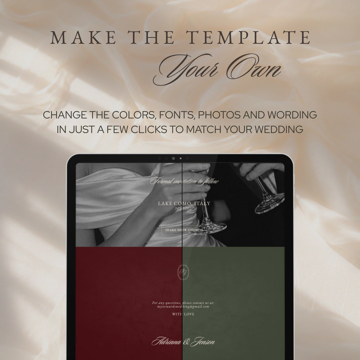 Make it your own: change colors, fonts, photos and wording, shown on a tablet
