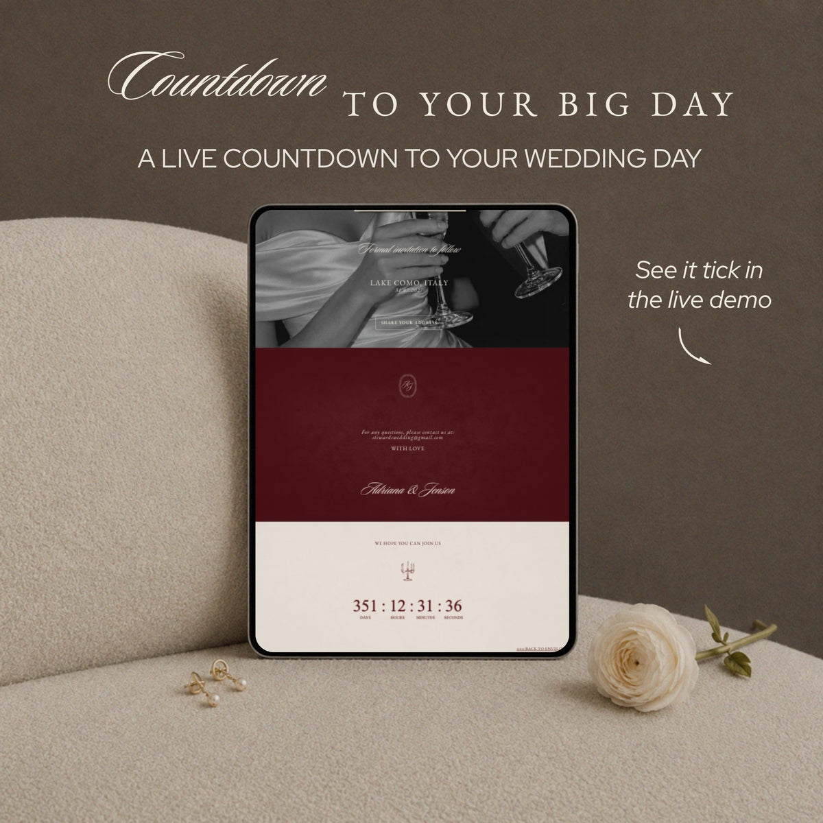 Live countdown to the wedding day shown on a tablet