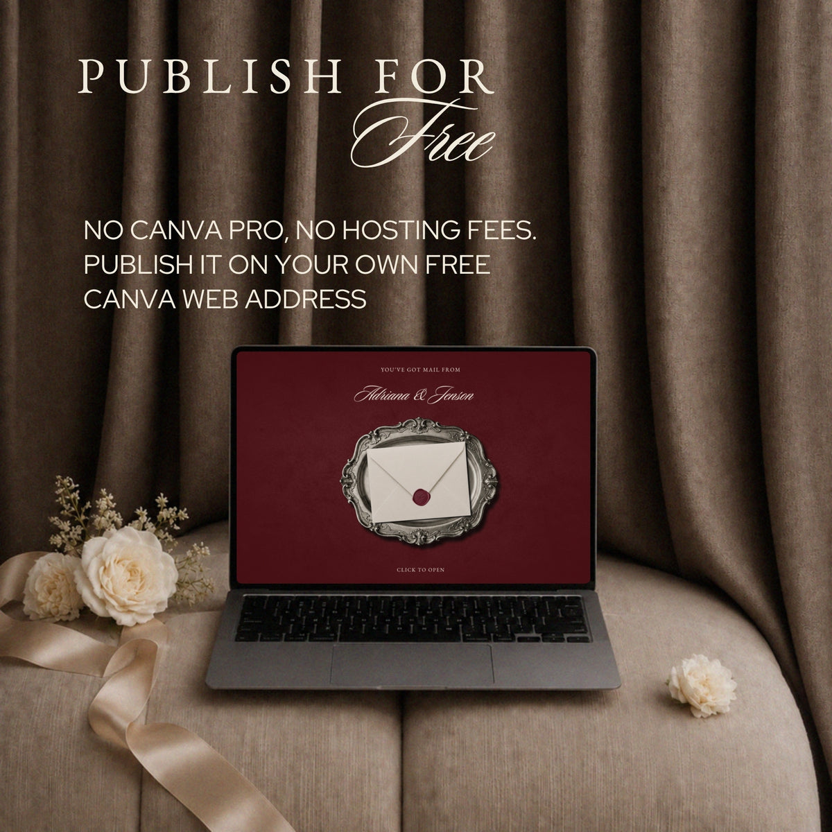Laptop showing the save the date website: publish free, no Canva Pro or hosting fees