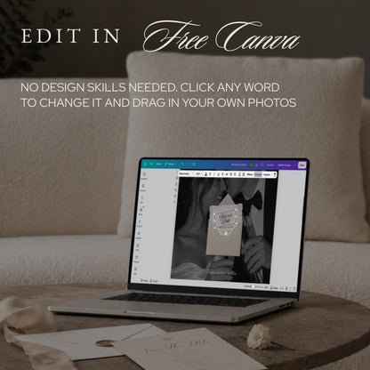 Laptop showing the save the date website open in free Canva, ready to edit