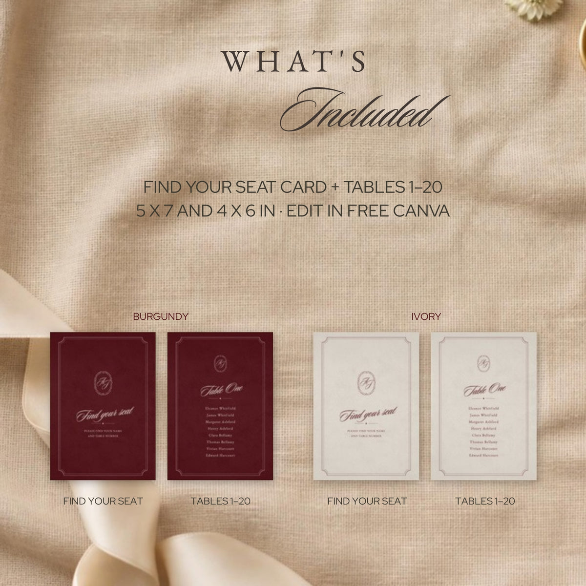 What's included: find your seat card and tables 1–20 in 5x7" and 4x6"