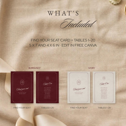 What's included: find your seat card and tables 1–20 in 5x7" and 4x6"