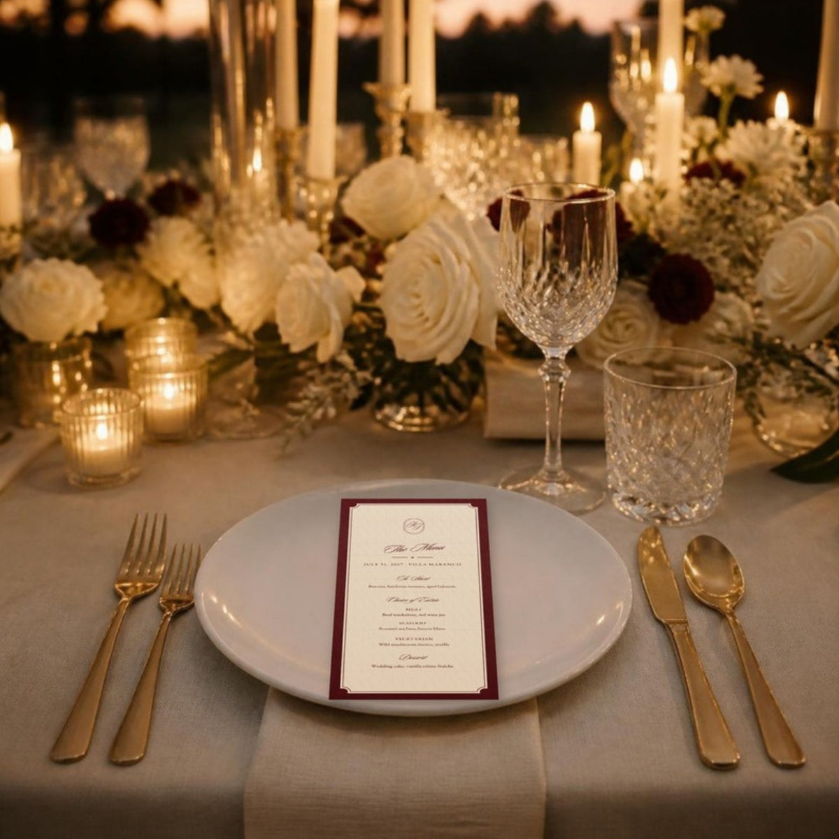 Old Money Classic wedding menu card on a candlelit reception table with roses