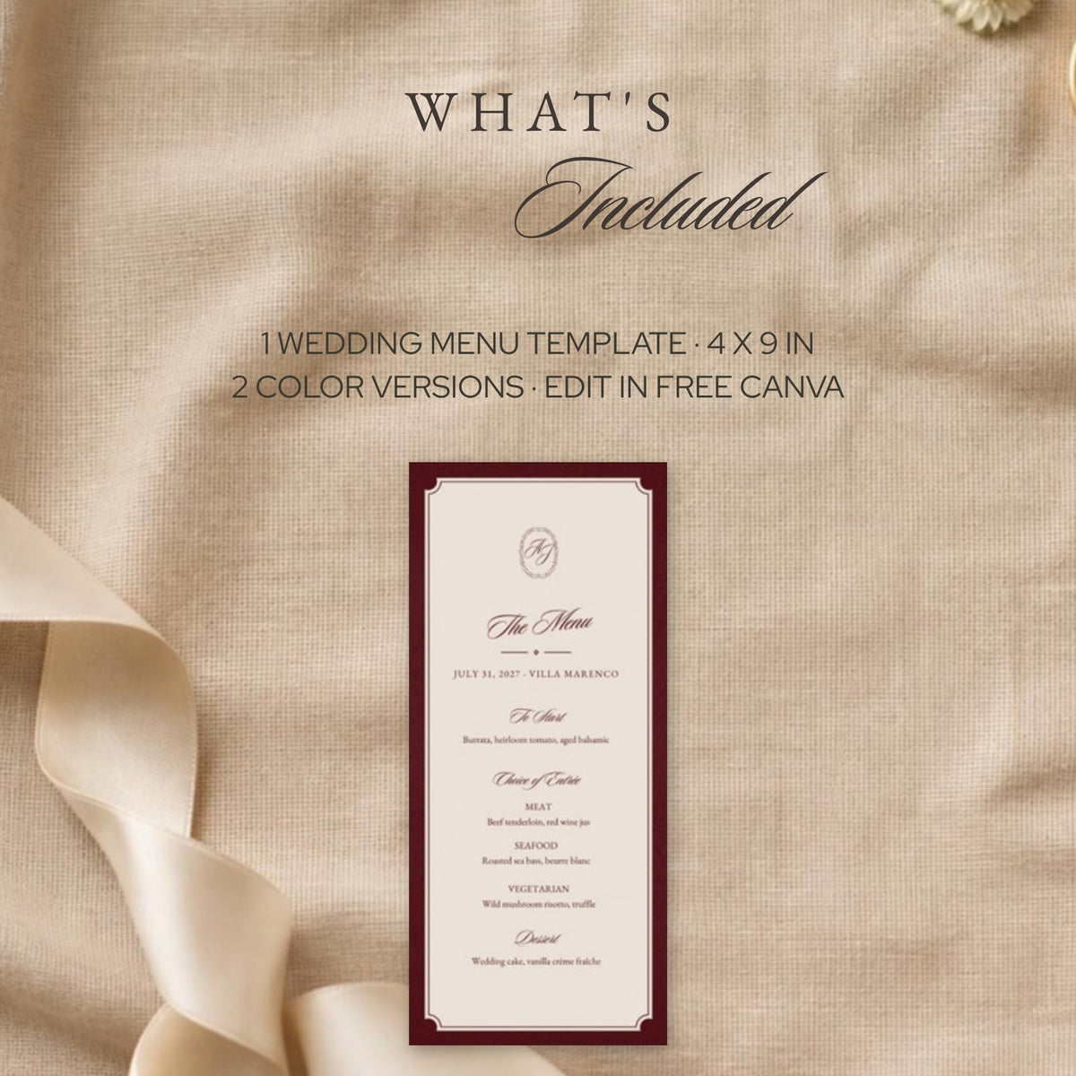 What's included: one 4x9" wedding menu in two color versions, edit in free Canva