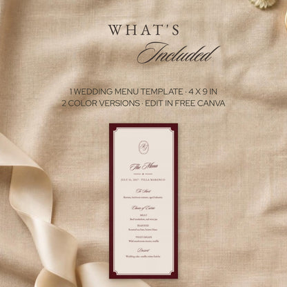 What's included: one 4x9" wedding menu in two color versions, edit in free Canva