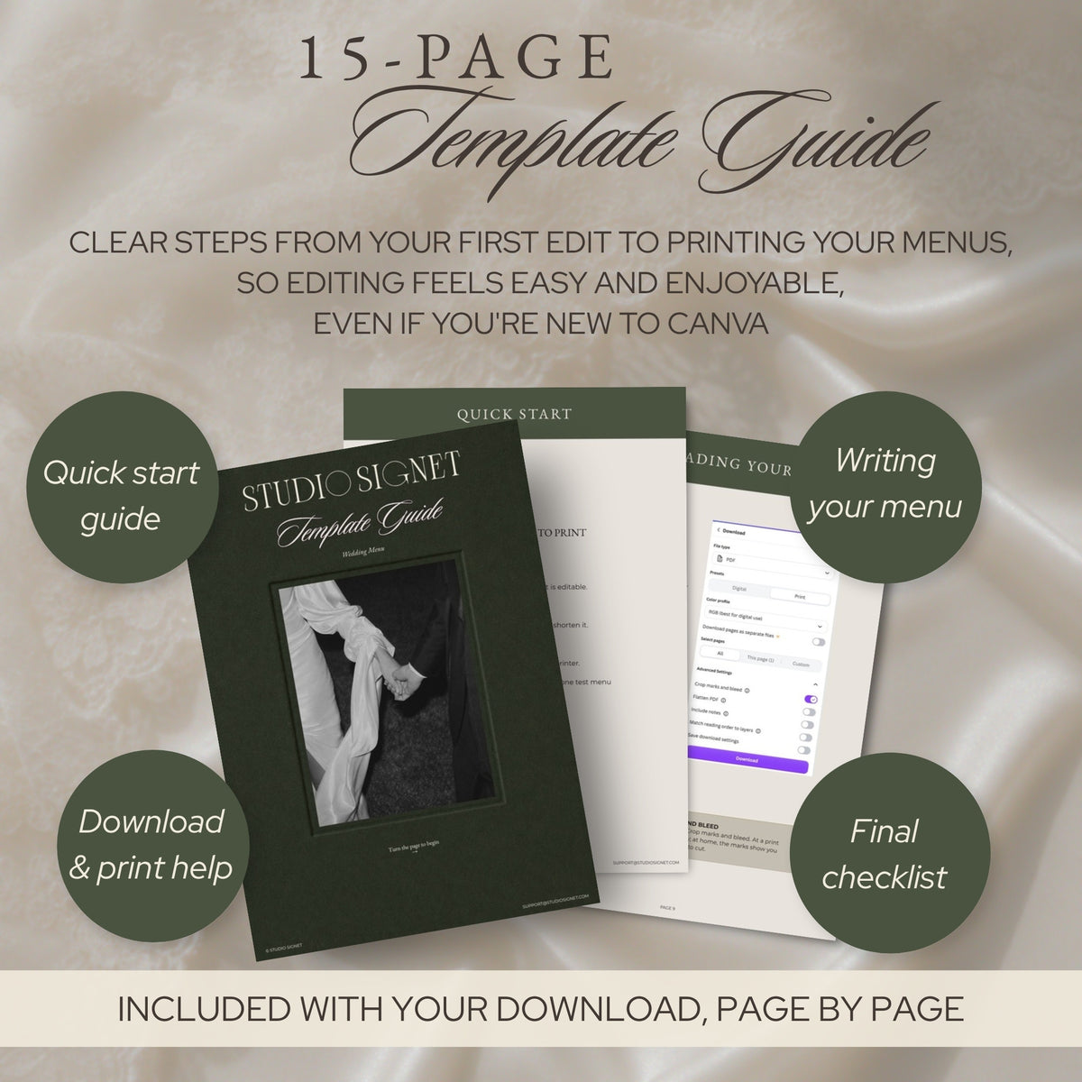 15-page template guide: quick start, writing your menu, final checklist and print help