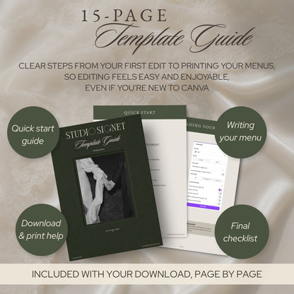 15-page template guide: quick start, writing your menu, final checklist and print help