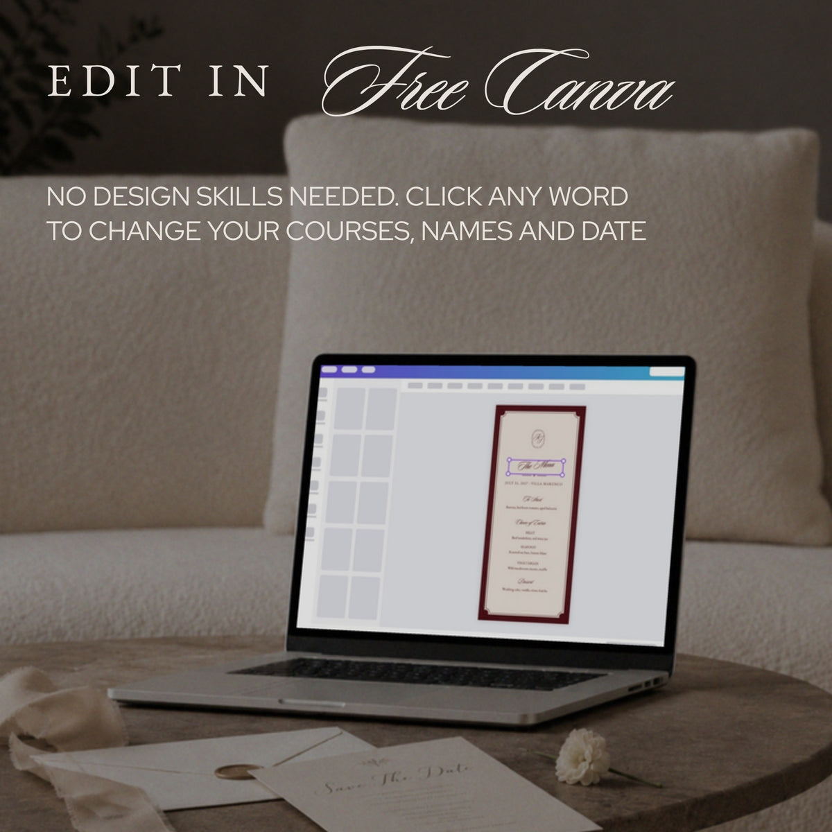 Laptop showing the menu template open in free Canva, ready to edit