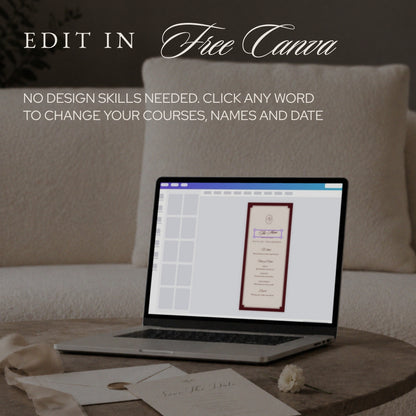 Laptop showing the menu template open in free Canva, ready to edit