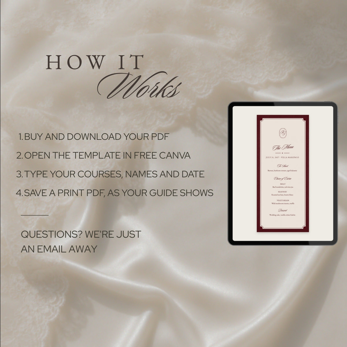 How it works: buy, open in free Canva, type your courses, save a print PDF