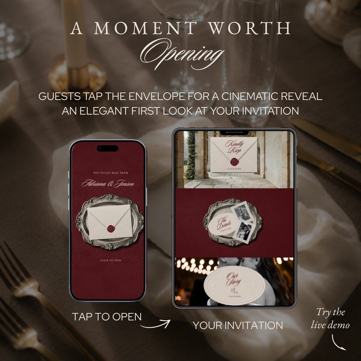 Guests tap the envelope for a cinematic reveal, shown on a phone and tablet