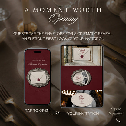 Guests tap the envelope for a cinematic reveal, shown on a phone and tablet