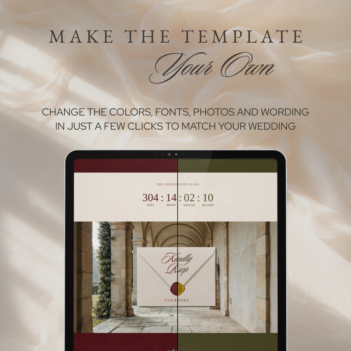 Make it your own: change colors, fonts, photos and wording, shown on a tablet