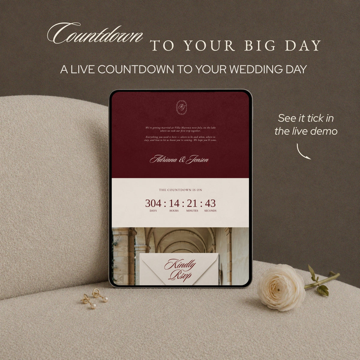 Live countdown to the wedding day above the RSVP section, shown on a tablet