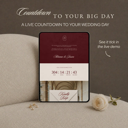 Live countdown to the wedding day above the RSVP section, shown on a tablet