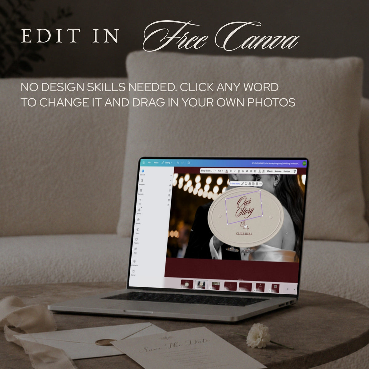 Laptop showing the wedding website open in free Canva, ready to edit
