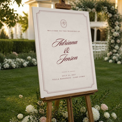 Ivory version of the wedding welcome sign on an easel in a garden