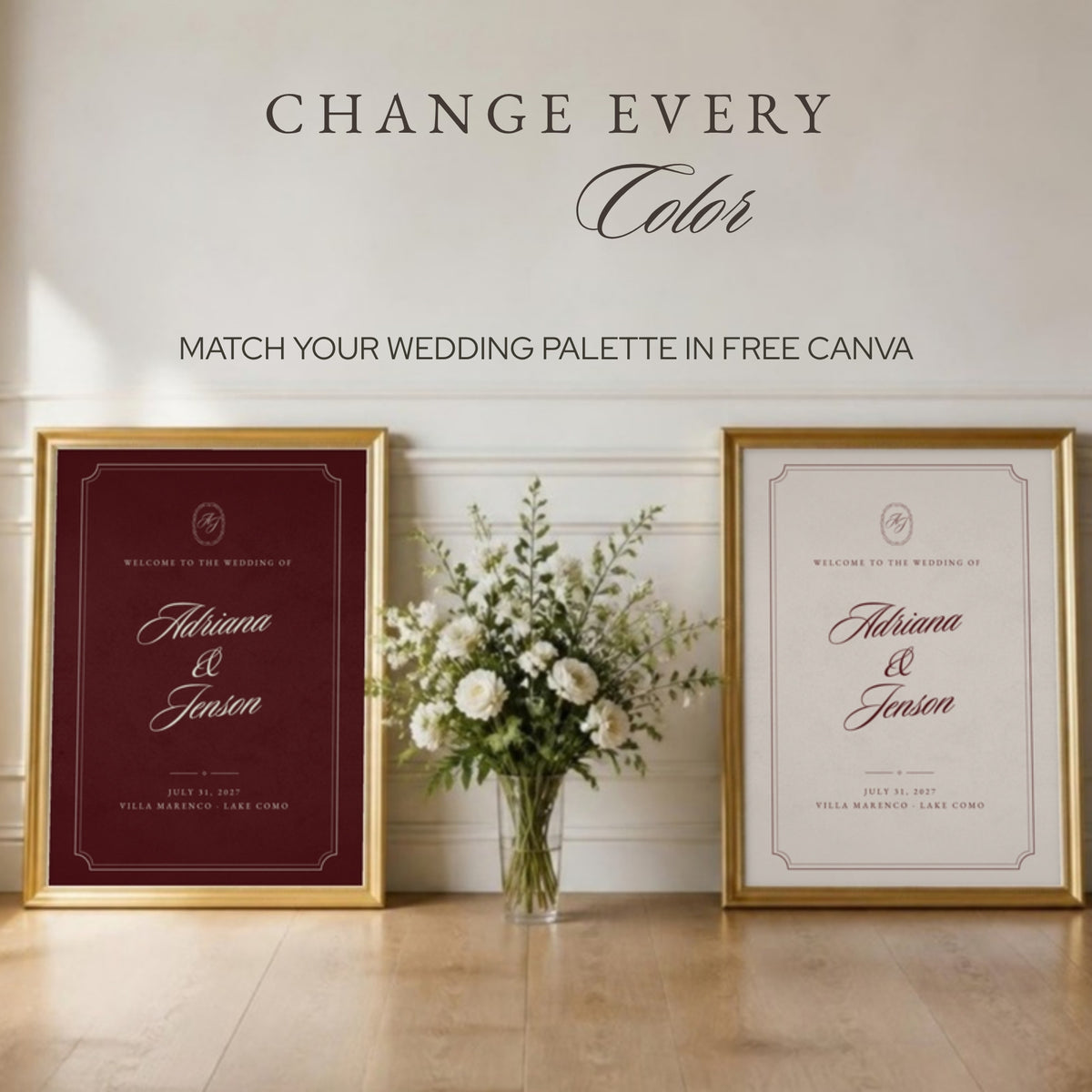 Burgundy and ivory welcome signs in gold frames: change every color in free Canva
