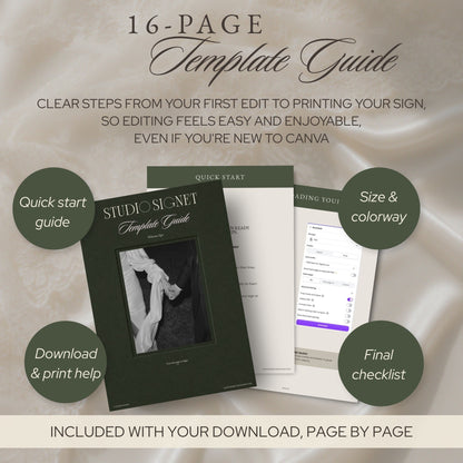16-page template guide: quick start, size and colorway, final checklist and print help