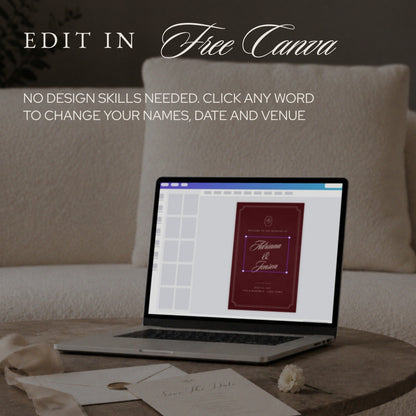 Laptop showing the welcome sign template open in free Canva, ready to edit