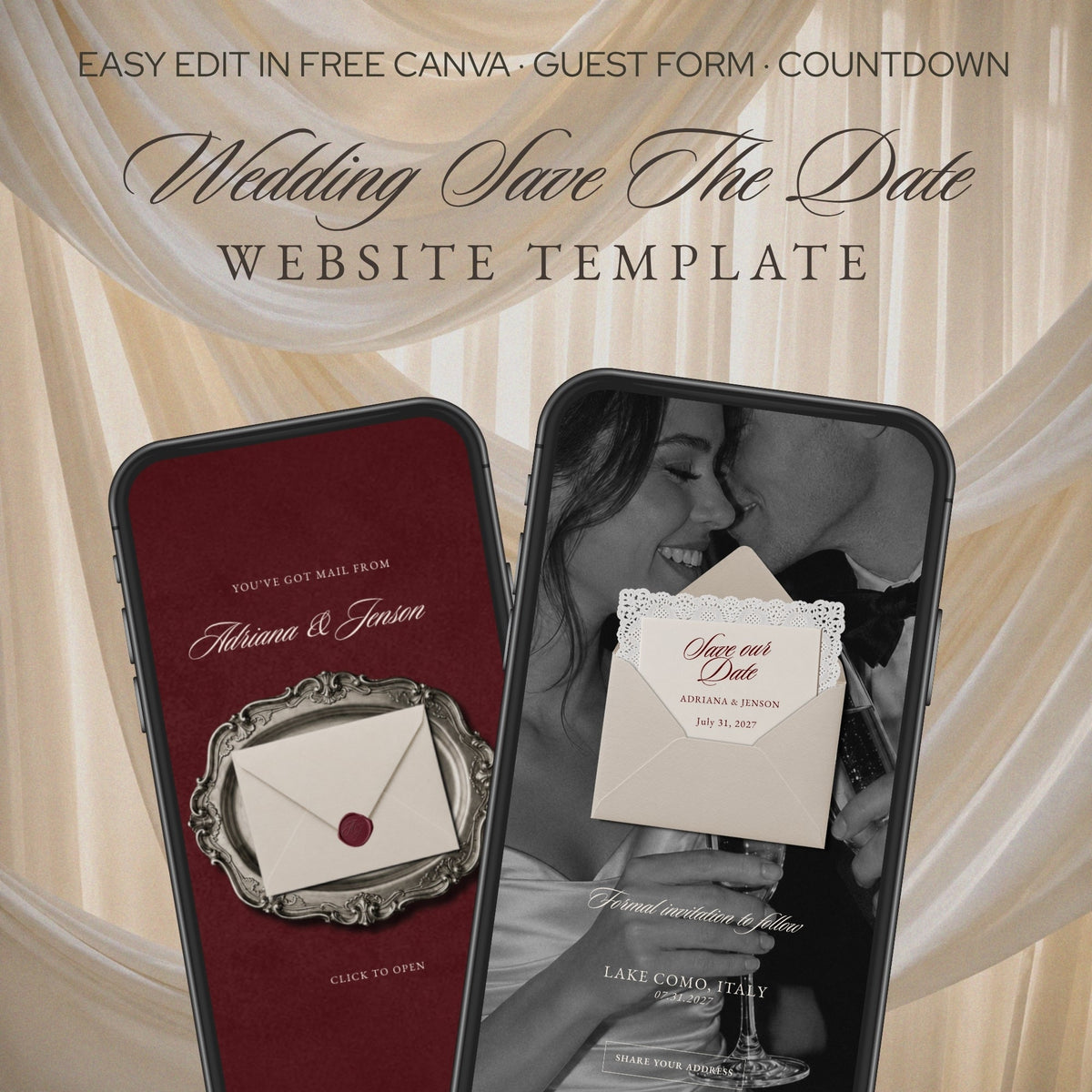 Old Money Classic save the date website template shown on two phones
