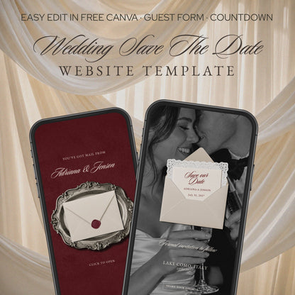 Old Money Classic save the date website template shown on two phones