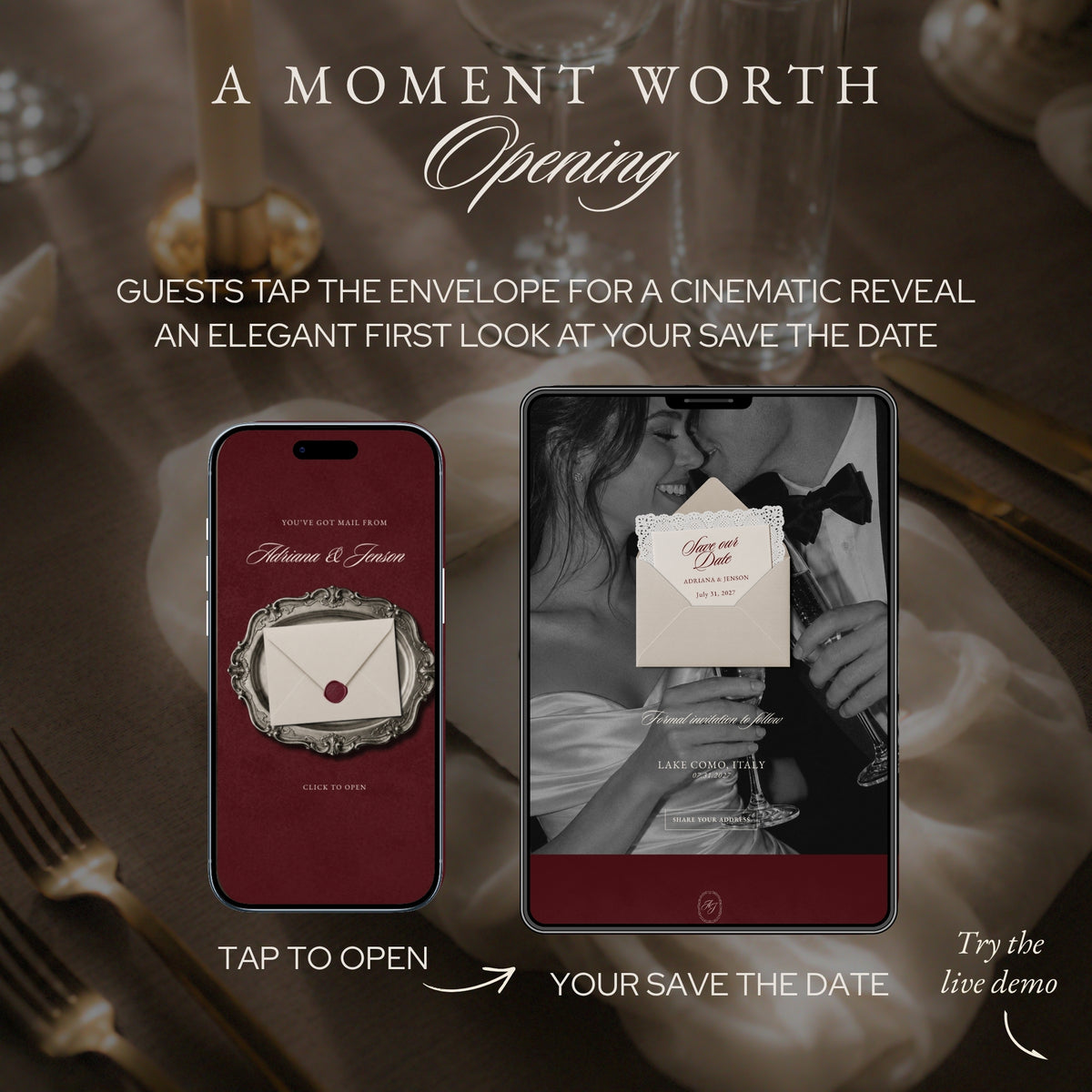 Guests tap the envelope to reveal the save the date, shown on a phone and a tablet