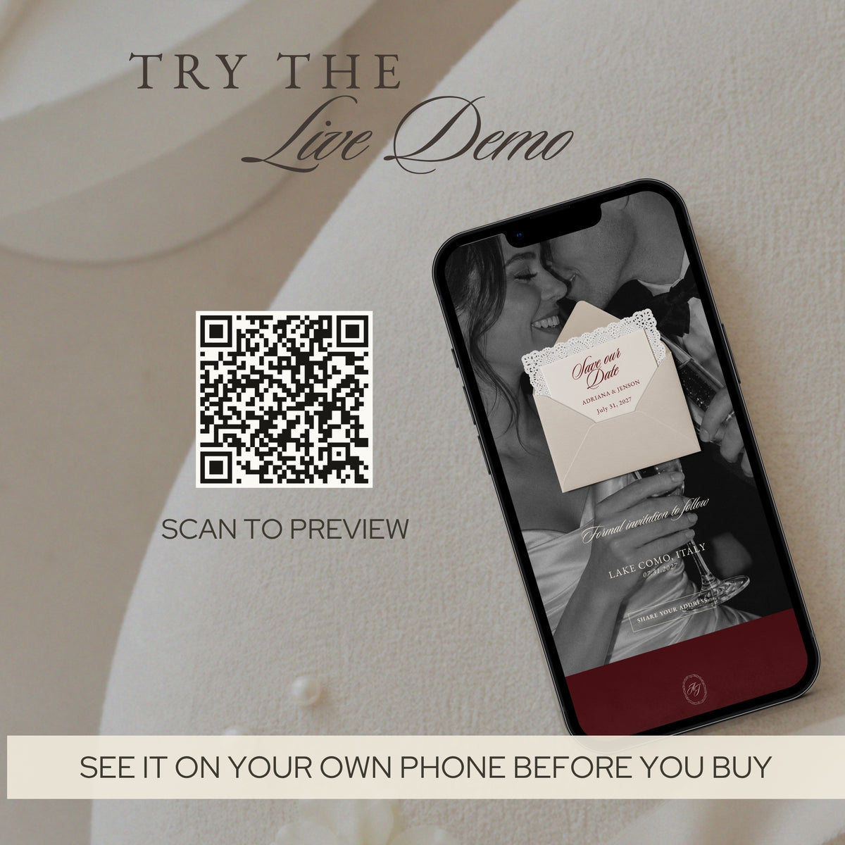 Live demo of the save the date website on a phone, with a QR code to preview it