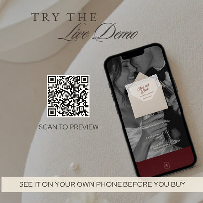 Live demo of the save the date website on a phone, with a QR code to preview it