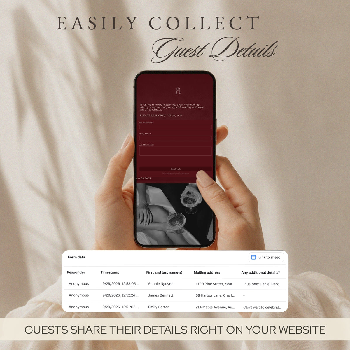 Phone showing the guest details form, with guest replies collected in a table