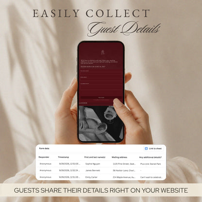 Phone showing the guest details form, with guest replies collected in a table