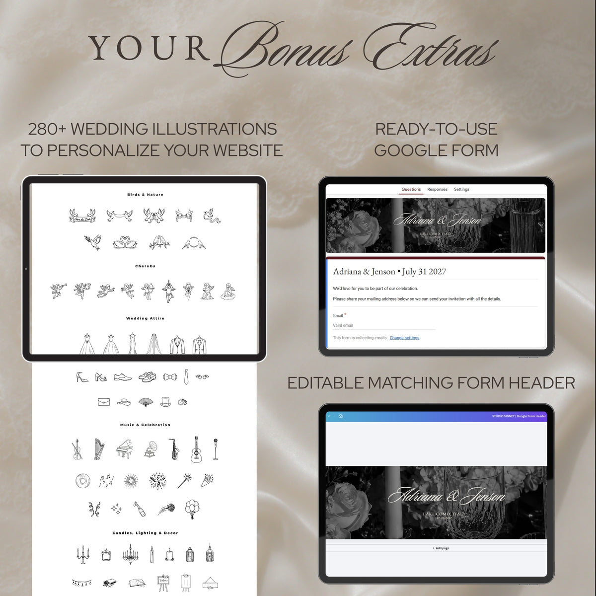 Bonus 280+ wedding illustrations, a ready-to-use Google Form and a matching form header